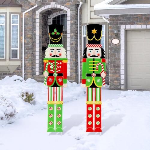 Gisafai 2 Pcs 5ft Large Metal Christmas Nutcracker Outdoor Decoration, Giant Nutcracker Yard Sign with Stakes, Christmas Yard Decor for Garden Pathway Lawn Walkway Holiday Party