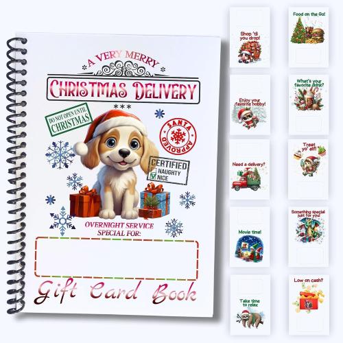 Christmas Gift Card Book 5x7 inches with Stickers, 10 Page Soft Cover Spiral Bound with Protective PVC Cover, and 20 Double Sided Sticky Dots - 8 Different Cover Design Options (Christmas Delivery Dog)