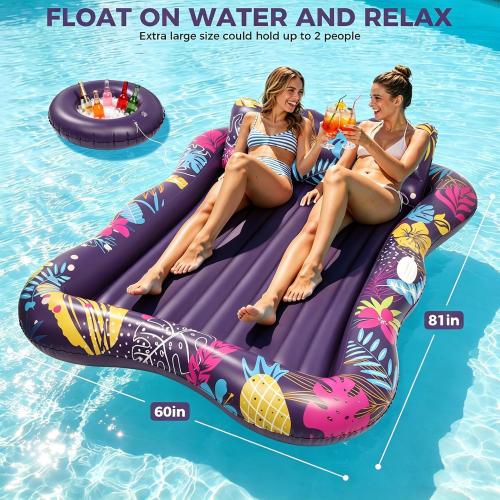 Korlon Tec Extra Large Pool Floats Adult, 81 x 60 Inflatable Tanning Pool Lounger Float with Pillow and Cup Holders, Sun Tanning Bed Pool Rafts Floaties for Adults Beach Lake River