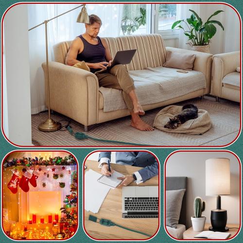 2 Pack Indoor Extension Cord 12 Feet Green Include 3 Polarized Outlets with Protective Plug Cap 18 Gauge 125 Volts 2 Prong Christmas Lights Extension Cord for Holiday Xmas Home Office