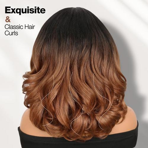 WIGER Short Yaki Wigs with Bangs Ombre Brown Natural Curly Bob Wigs for Women Shoulder Length Wavy Synthetic Wigs Wear And Go Wig Glueless Heat Resistant Hair for Daily or Events