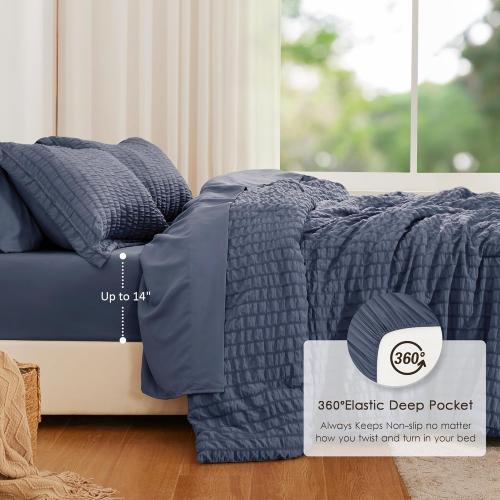 Size queen OekoTex cabin Seersucker Navy Blue Queen Comforter Set 7 Pieces, All Season Bedding Set, Queen Bed in a Bag Comforter Set with Comforter, Flat Sheet, Fitted Sheet, Pillowcase and Pillow Sham