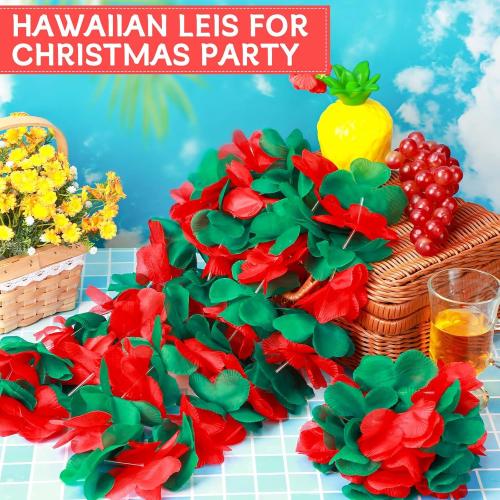 Christmas in July Leis Hawaiian Red and Green Tropical Leis Flower Necklace for Christmas July Party Decorations Masquerade Beach Wedding Themed Carnival Supplies