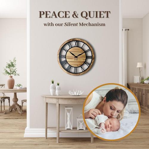 Montoire 24 Inch Wooden Farmhouse Wall Clock, Extra Large for Living Room Decor - Big Rustic Wood Large Round Wall Clock 24 Inches or Larger, Battery Operated with Decorative Roman Numerals