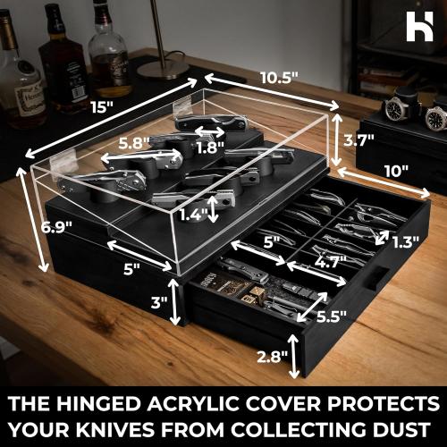 Premium Pocket Knife Display Case for 30 Knives - Large Wooden Knife Organizer, Storage & Holder with Unique Pillars, Hinged Cover, Drawer - Knife Collection Box - Handcrafted for Men