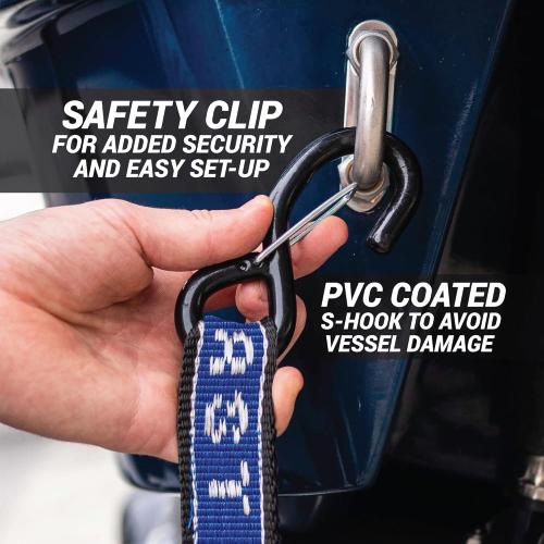 Rear TRANSOM Boat Trailer Straps Ratchet TIE Downs Strap, Made in NZ - 1.5 x 4’ Heavy Duty Rear Transom with PVC Hooks for Trailered Boats, Pontoons & Jetskis - 3,300lbs Break Strength - (Pair) Blue