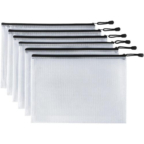 6 Pack Mesh Zipper Pouch Document Bag Waterproof Zip File Folders for School Office Supplies Travel Storage Bags (White)