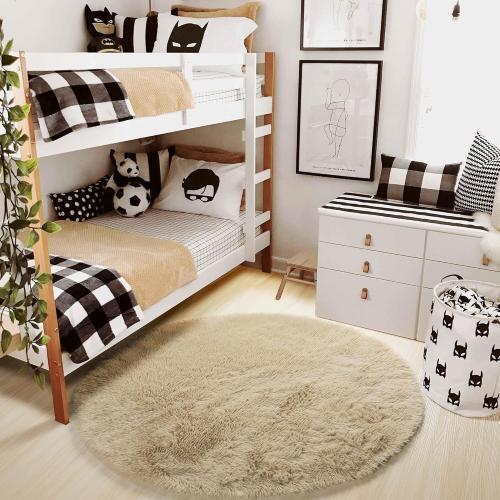 Amdrebio Beige Round Area Rug 4Ft for Bedroom, Machine Washable, Fluffy Plush Shag Furry Circle Rugs for Kids Room, Living Room Decor Aesthetic, Cute Fuzzy Carpet for Nursery Playroom Dorm Baby Teens