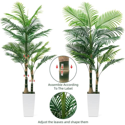 6ft Artificial Golden Cane Palm Tree with LED Fairy Lights & White Tall Planter - Lifelike Faux Tropical Palm Plant with Realistic Trunk and Palm Leaves for Home Office Living Room Corner Decor