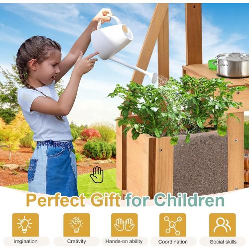 Mud Kitchen for Kids Outdoor, Wood Play Kitchen with Planter Box, Toddler Sink, Faucet, Blackboard, Water Cup and Accessories