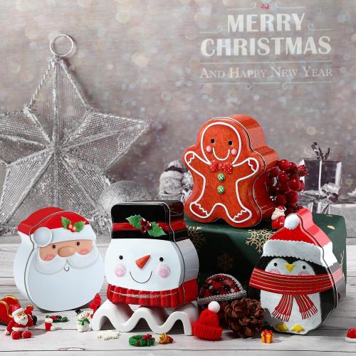 Hushee 8 Pcs Christmas Tin Box Cookie Tins with Lids Christmas Candy Containers Santa Snowman Gingerbread Penguin Metal Cookie Jar Christmas Biscuits Tin Can for Gift Xmas Card, 5 x 4.3 x 2 Inch