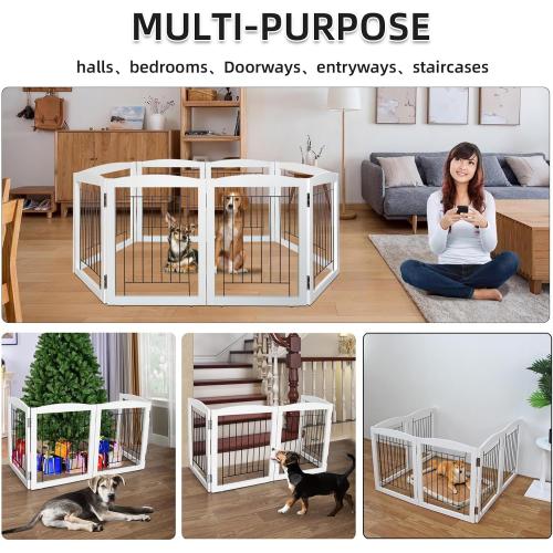 ZJSF Freestanding Foldable Dog Gate - Extra Wide White Puppy Gate for Stairs & Doorways - Tall 4 Panels Wooden Pet Fence