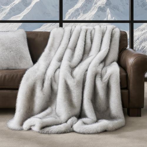 Luxury Faux Fur Throw Blanket, Soft Fluffy Faux Mink Blankets for Bed, Couch, Sofa, Thick Cozy Plush Warm Fur Throws with Reversible Velvet, Frosted White Wolf