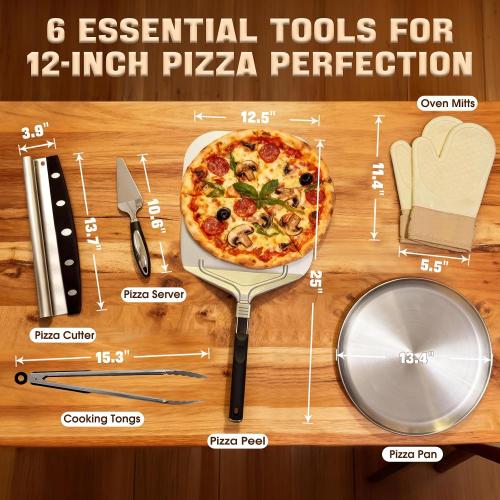 Bonteck Pizza Peel Aluminum Metal Pizza Spatula Kit | 12x14 Inch Foldable Handle Paddle | 6Pcs Pizza Oven Accessories with Rocker Cutter, Pizza Pan, Pizza Server, Oven Mitts, for Family Oven Baking