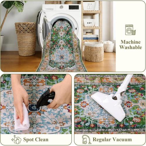 U'Artlines 2' x 6' Boho Hallway Runner Rug, Non Slip Washable Vintage Farmhouse Kitchen Rug Accent Area Carpet for Entryway Laundry and Living Room (Green)
