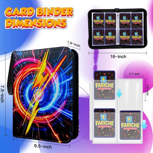 Trading Card Binder for TCG Cards, 4-Pocket Portable Card Collector Ablum Holder Book Fits 400 Cards with 50 Removable Sleeve, Waterproof Card Binder Display Storage Carrying Cases -Lightning