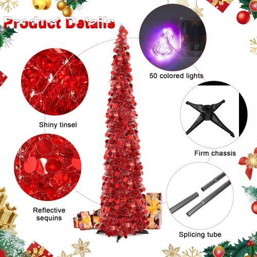Aoriher 5 ft Pre-lit Pop up Christmas Tinsel Tree Decor Reusable Collapsible Artificial Sequins Slim Pencil Tree with Colorful String Lights for Holiday Party Home Indoor Outdoor(Red)