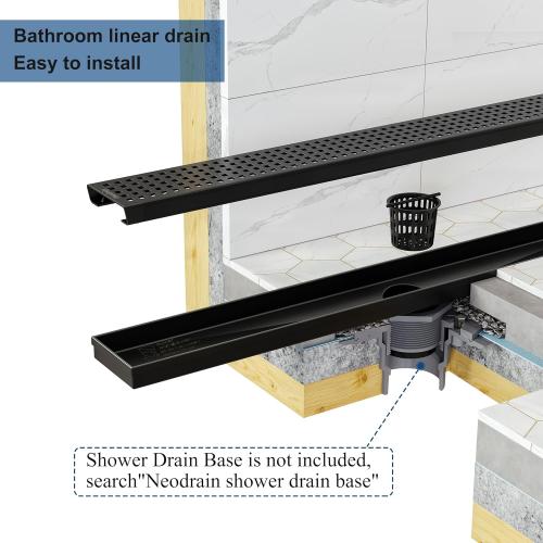 Neodrain 60-Inch Black Linear Shower Drain with Removable Quadrato Pattern Grate,Professional 304 Stainless Steel Rectangle Shower Floor Drain Manufacturer,Leveling Feet,Hair Strainer,Matte Black