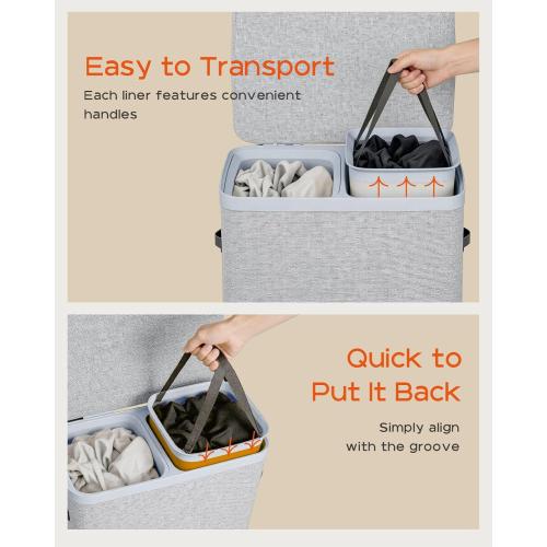 CASAMAYA Laundry Basket with Lid, Laundry Hamper 2 Section, 170L collapsible Laundry Organizer, Easy Assembly, with Handles and Removable Liners, 22 x 15.7 x 29.5 Inches, Gray JSP903G