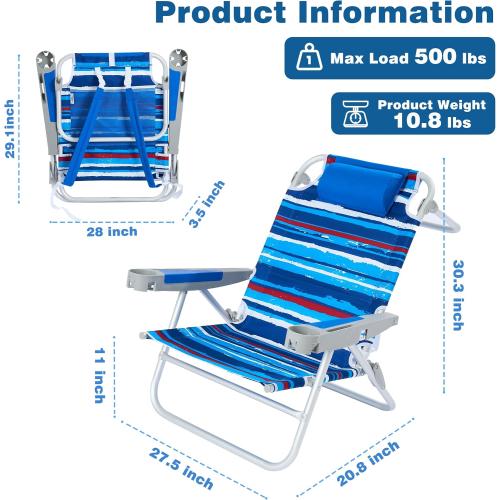 SUNNYFEEL XL 28 Extra Wide Beach Chair for Adults,Low Backpack Beach Chair | 5-Position Lay Flat Reclining, 500 lb Heavy Duty Folding Chair with Pillow & Cup Holder, Darkblue Stripe