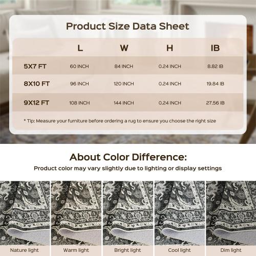 WITSHOCK Living Room Area Rugs 9x12: Soft Non-Slip Backing Washable Rugs Vintage Large Carpet for Bedroom Office Dining Room Kitchen Stain Resistant Home Decor Rug