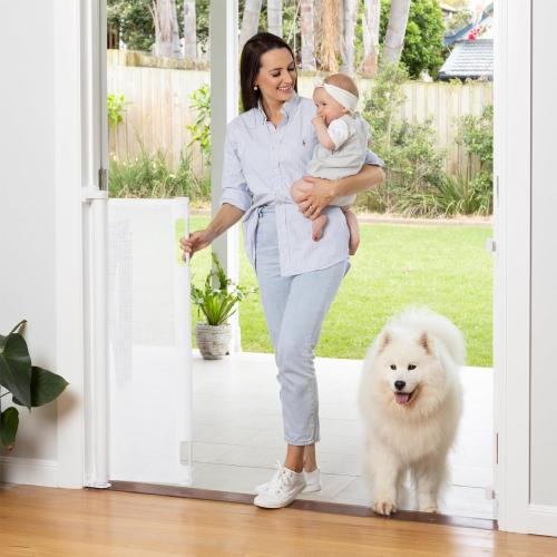 Retractable Baby Gate Perma Child Safety 41 Tall x 71” Wide, Mesh, for Stairs, Doorways, Dogs, Pets, Indoor, Outdoor, One-Handed Operation, Locking, Easy Install, Hardware Mount, White