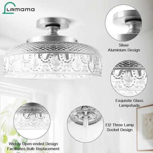 Lamomo Semi Flush Mount Ceiling Light,Upgraded Larger Silver Hallway Light Fixture,3-Bulb Globe Glass Close to Ceiling Scone, Indoor Hanging Light for Bedroom Kitchen Porch Hallway,Bulbs Not Included