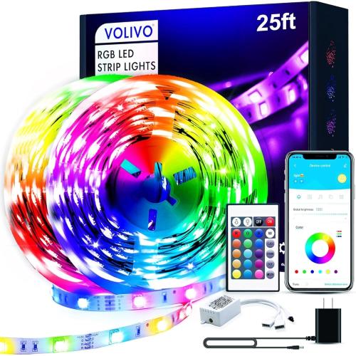 VOLIVO 25 ft Led Strip Lights for Bedroom, Color Changing Led Light Strips Kit with Bluetooth App Control and IR Remote, RGB Music Sync Lighting for Room, Home Decor