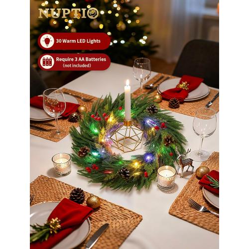 NUPTIO Christmas Norfolk Pine Garland: 6Ft Artificial Pre-Lit Cedar Garland for Mantle Fireplace Table Stair - Real Touch Greenery Decorations 30 LED Lights 12-Mode with Remote Timer for Door Wall