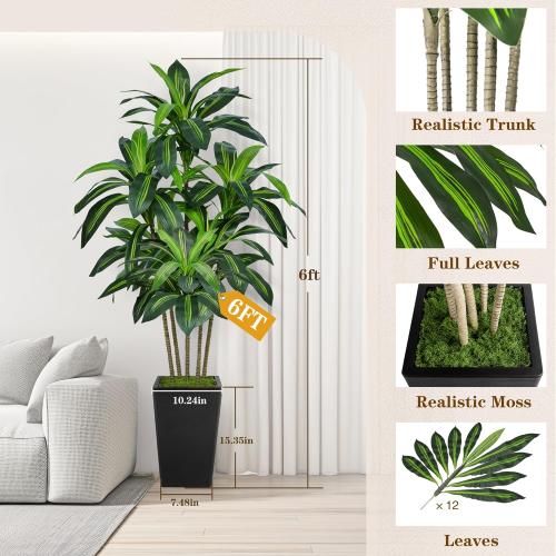6FT Artificial Dracaena Tree, Fake Tree Indoor with Black Tall Planter,Tall Artificial Plants Indoor,Artificial Silk Tree for Home Office Decor,Housewarming Gift (Black)