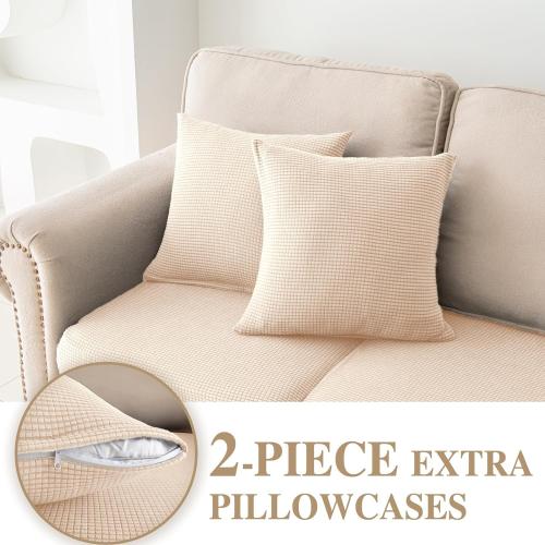 Couch Cushion Covers for Sectional Sofa L Shape Washable Separate Seat Chaise Couch Cover Stretch Sofa Slipcovers with 2 Pcs Pillowcases(2 Seater   1 Chaise, Natural)