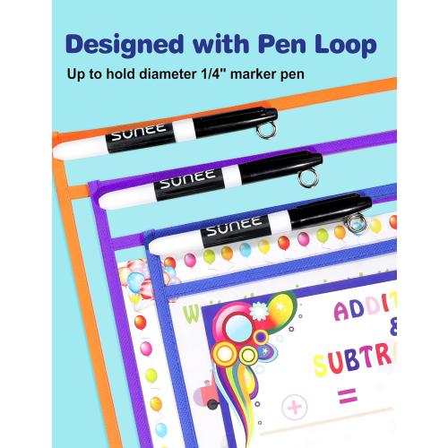 SUNEE 50 Packs Oversized Reusable Dry Erase Pocket Sleeves with 3 Rings, 10 Assorted Colors 10x14 Ticket Holders, Clear Plastic Sheet Protectors, Teacher School Classroom Supplies