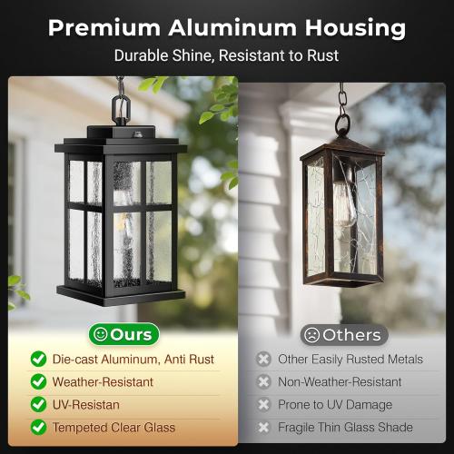 VIANIS Dusk to Dawn Large Outdoor Pendant Light Fixture, Black Modern Outdoor Hanging Porch Light, Anti-Rust Waterproof Exterior Chandelier for Porch with Adjustable Chains, Exterior Pendant Light