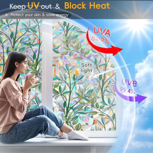 Rainbow Privacy Film with Cutting Line, 3D Decals Stained Glass Window Clings, Static Cling Window Sticker, Suncatcher - 35.4 x 78.7