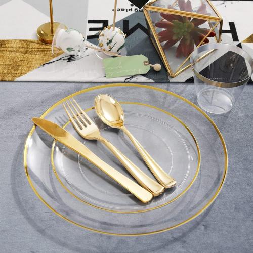 LIYH 120 Pcs Clear Gold Plastic Plates for Holiday Plastic Plates Disposable Elegant Disposable Plate Included Dinner & Dessert Plate for Wedding Holiday Valentines Day