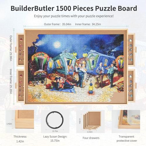 1500 Pieces Rotating Puzzle Board with 4 Drawers,34.25x25.2 Portable Wooden Jigsaw Puzzle Table with Lazy Susan Spinning Cover for Adults