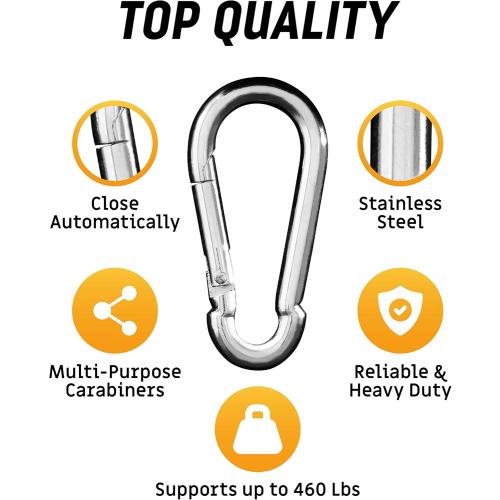 Silver Carabiner Clip 5 Pack - Multipurpose Heavy Duty Snap Hooks - Small and Large Clips for Keys - Carribeaner Hook