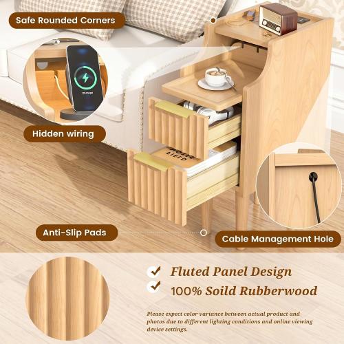 Fluted Narrow Nightstand with Charging Station, Solid Wood Night Stand with 2 Drawers, Natural Mid Century Modern Led Nightstand, Small Beside Table with Open Storage Shelf for Bedroom （10 inch）