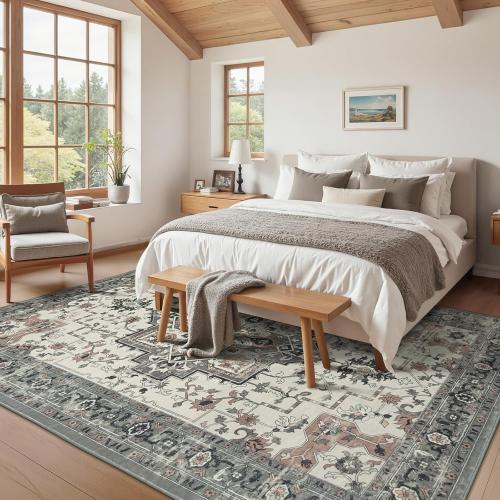 8x10 Area Rugs for Living Room, Machine Washable Non Slip Carpet, Large Vintage Floral Aesthetic Rug, Bedroom Decor, Taupe, Brown/Beige/Cream