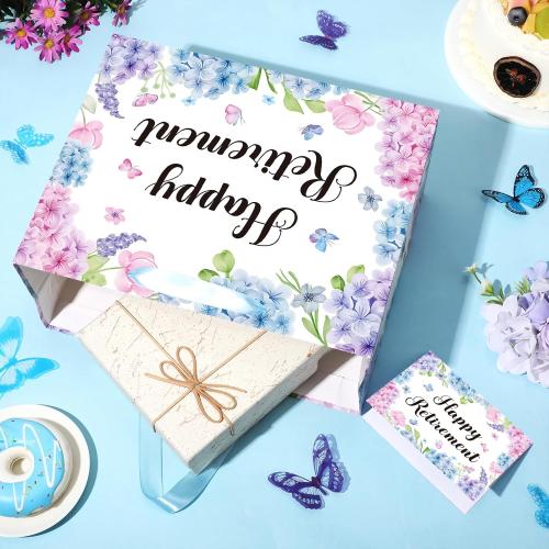 Happy Retirement Gift Bag for Women Blue Floral Retirement Gift Bag with Tissue Paper Greeting Card Hydrangea Retired Gifts for Happy Retirement Office Coworkers Farewell Going Away Party Decorations