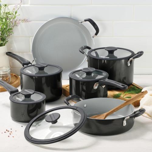 Tramontina Ceramic Non Stick 12-Piece Nesting Pots and Pans Set with Lids - Stackable Nonstick Cookware Set, Dishwasher and Oven Safe, Dark Gray