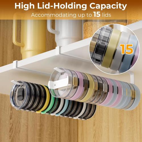 Quehun 2 PCS Tumbler Lid Organizers, Ample Lid Capacity Up to 30 Lids, No Adhesive No Drill Yeti Lid Organizer Holder Inside Cabinet, Space-Saving Stanley Tumbler Cup Lid Holder Organizer for Kitchen