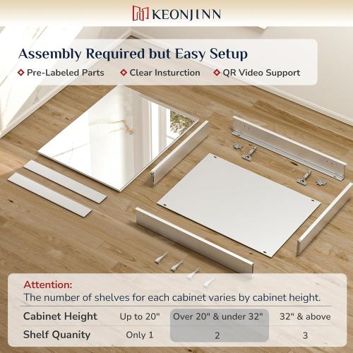 Keonjinn 20 x 26 Inch Medicine Cabinet for Bathroom, Silver Mirrored Medicine Cabinet, Assembly Required, Freely Adjustable Shelves, Tempered Glass, in Wall or Surface Mount