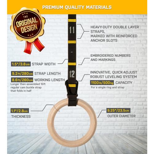 Double Circle Wood Gymnastics Rings with Quick Adjust Numbered Straps and Exercise Videos Guide - Full Body Workout Rings, Calisthenics, Home Gym (Multi-Size)