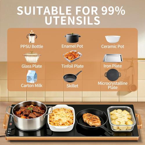Electric Warming Tray (L 32x12)，Food Warmers for Parties Buffet with Thermostat & Full Surface Heating, Tempered Glass Warming Mat for Food, Temperature Adjustable Gold Handles Food Warming Mat
