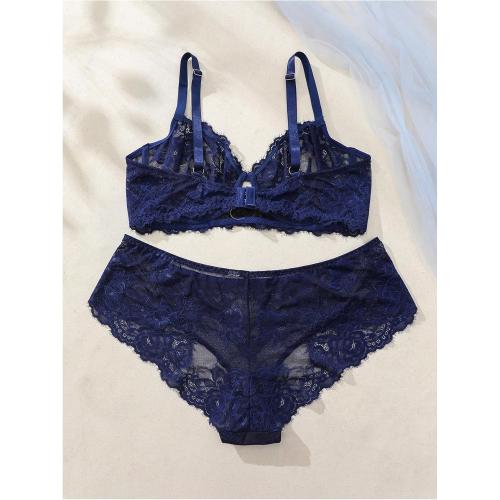 Size 38C...MakeMeChic Women's Plus Size 2 Piece Lingerie Set Floral Lace Sheer Underwire Bra and Panty Set