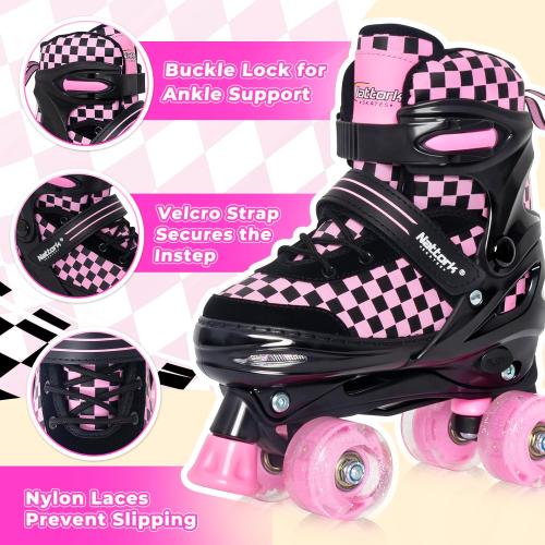 Nattork Adjustable Roller Skates for Kids Teens, Illuminating Wheels Roller Quad Skates with Checkerboard Design for Boys Girls