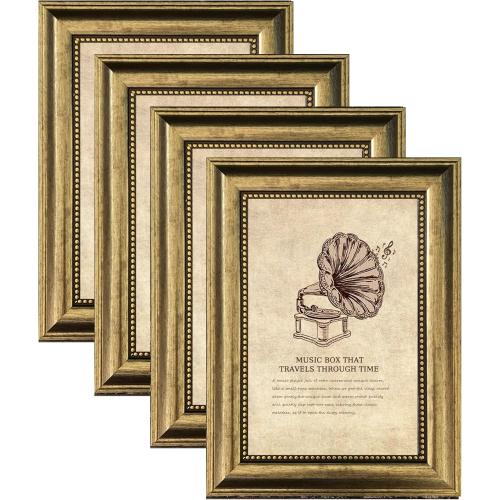 5x7 Picture Frame with Real Glass, 4 set Ornate Vintage Picture Frames for Wall or Tabletop Display, Gold 5 x 7 Frame for Wall home best gift