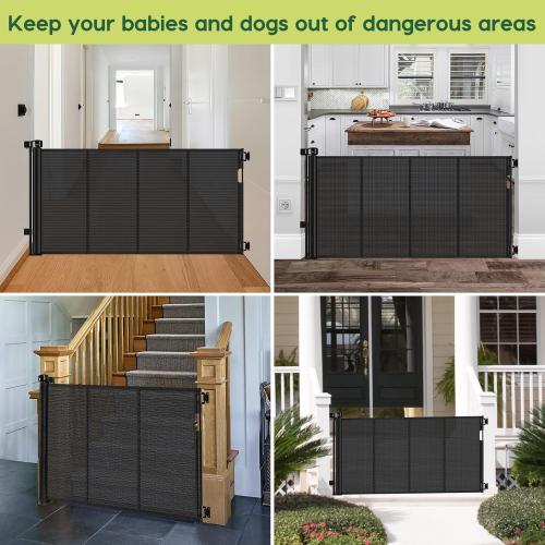 Reinforced 55 Wide Retractable Baby Gates with Reinforced Strips Retractable Dog Gate for the House Prevents Bottom Drilling Through Kid/Pet Mesh Baby Gate for Stairs Puppy Gates for the House, Black