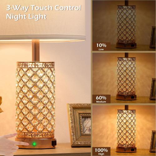 Crystal Table Lamps Modern 3-Way Dimmable Bedside Lamp with 2 USB Ports & AC Outlets for Living Room Bedroom Nightstand Lamp Night Light (Rose Gold-2 Pack 24In)